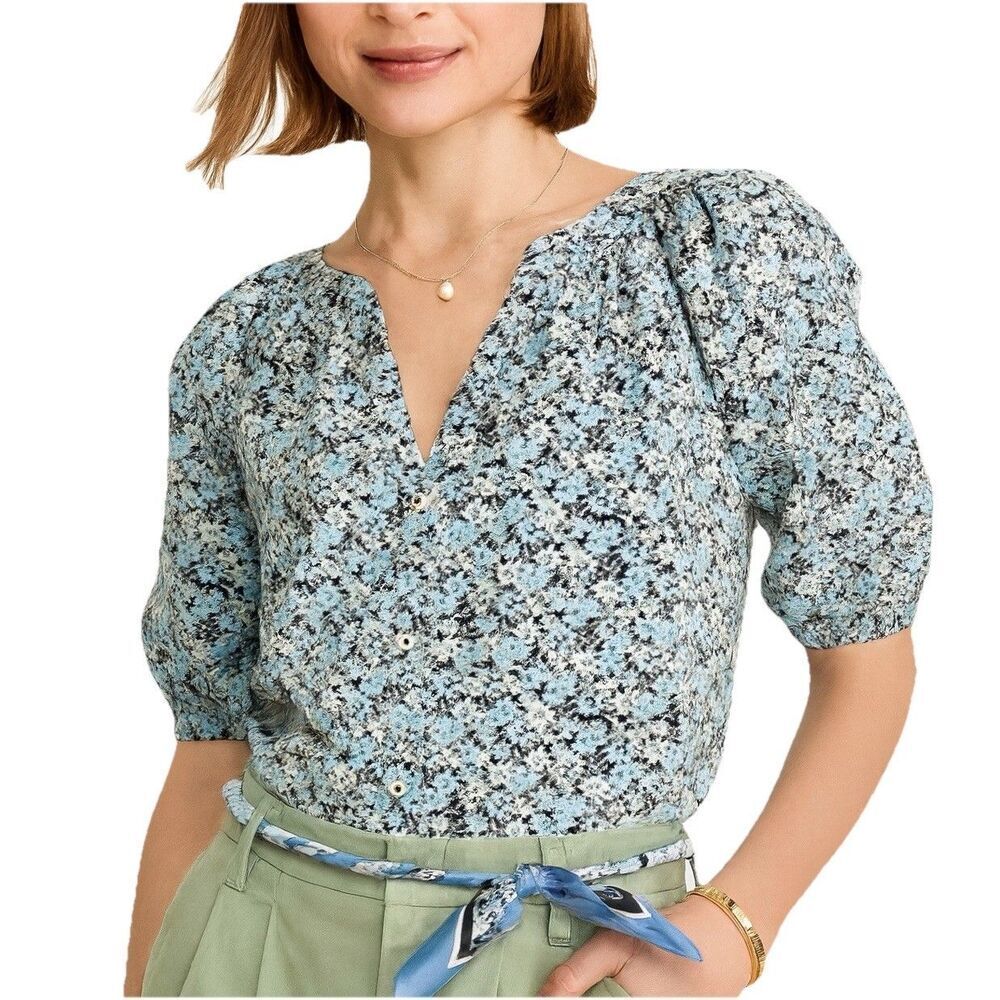 Vineyard Vines Floral Peasant Blouse Womens M Blue Button Front Cottagecore